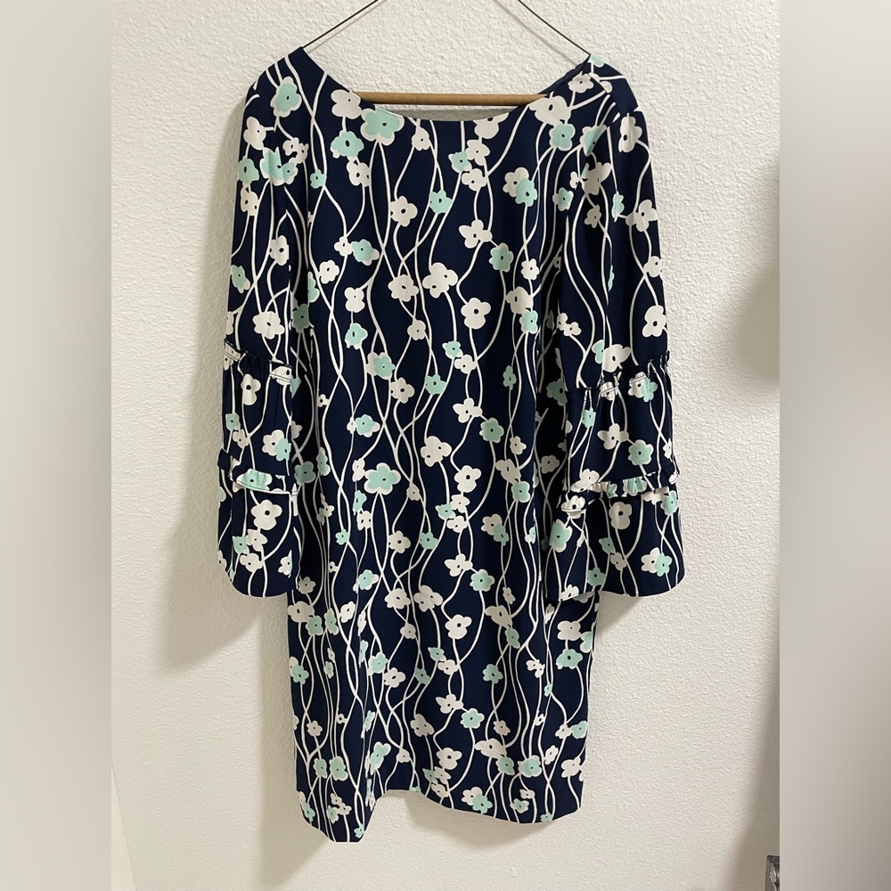 Talbots Navy and Mint Floral Long Sleeve Dress